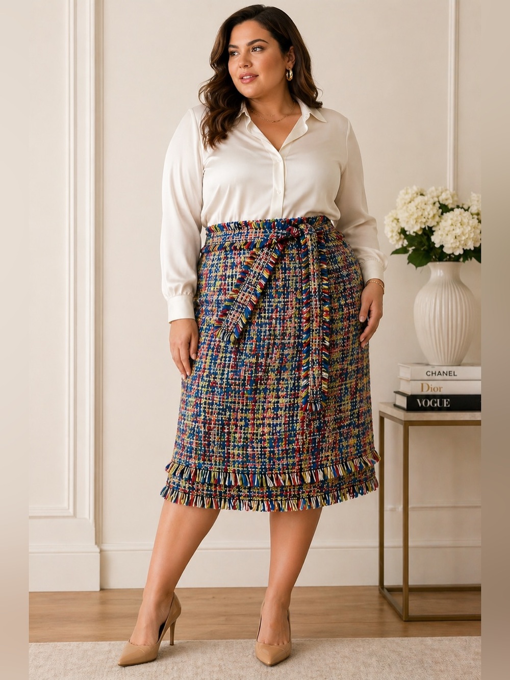 Oscar de la Renta Tweed Wrap Belt Skirt Fringe Rainbow Bouclé Size 16 Designer